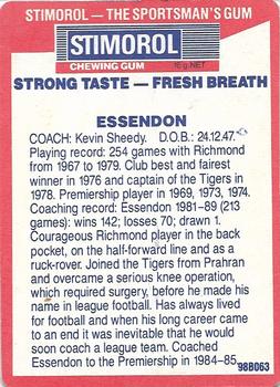 1990 AFL Scanlens Stimorol #36 Kevin Sheedy Back
